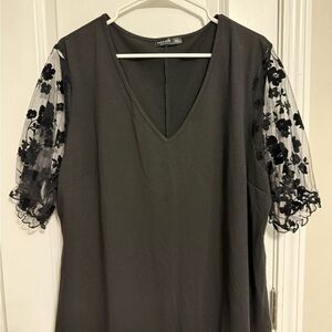Shein Black Blouse with Sheer Floral Sleeves